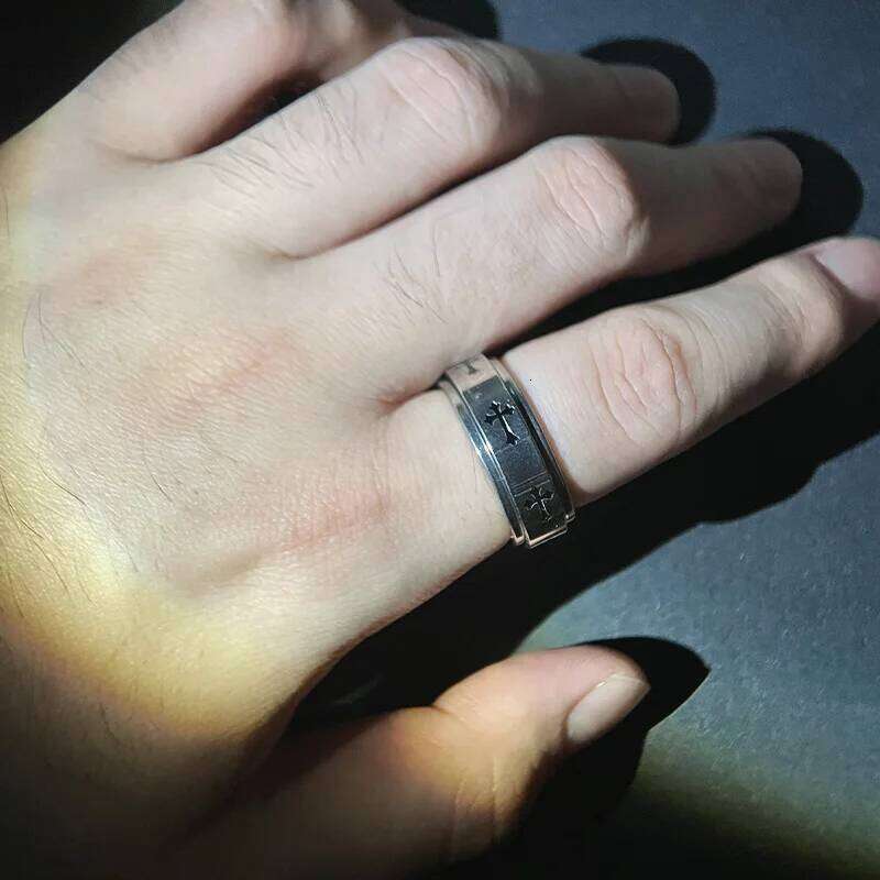 Rotatable Metal Cross For Men Women Silver Color Stainless Steel Ring Punk Gothic Simple Accessories Christian Jewelry Gift XJ260127