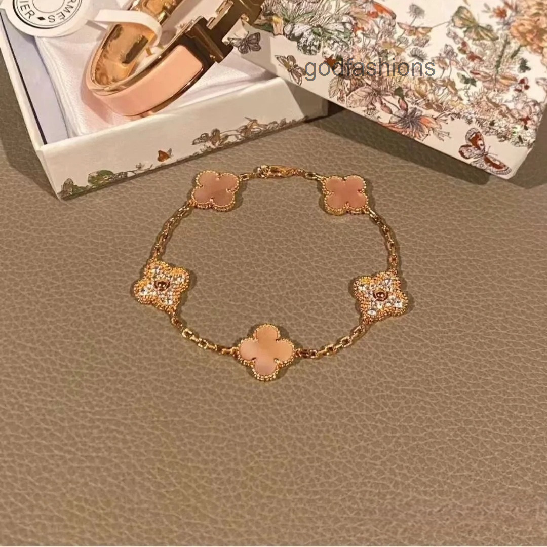 Designer Jewelry vanly cleef bracelet Super Shiny Full Diamond Pink Mother-of-Pearl Four-Leaf Clover Five-Flower Bracelet Bracelet