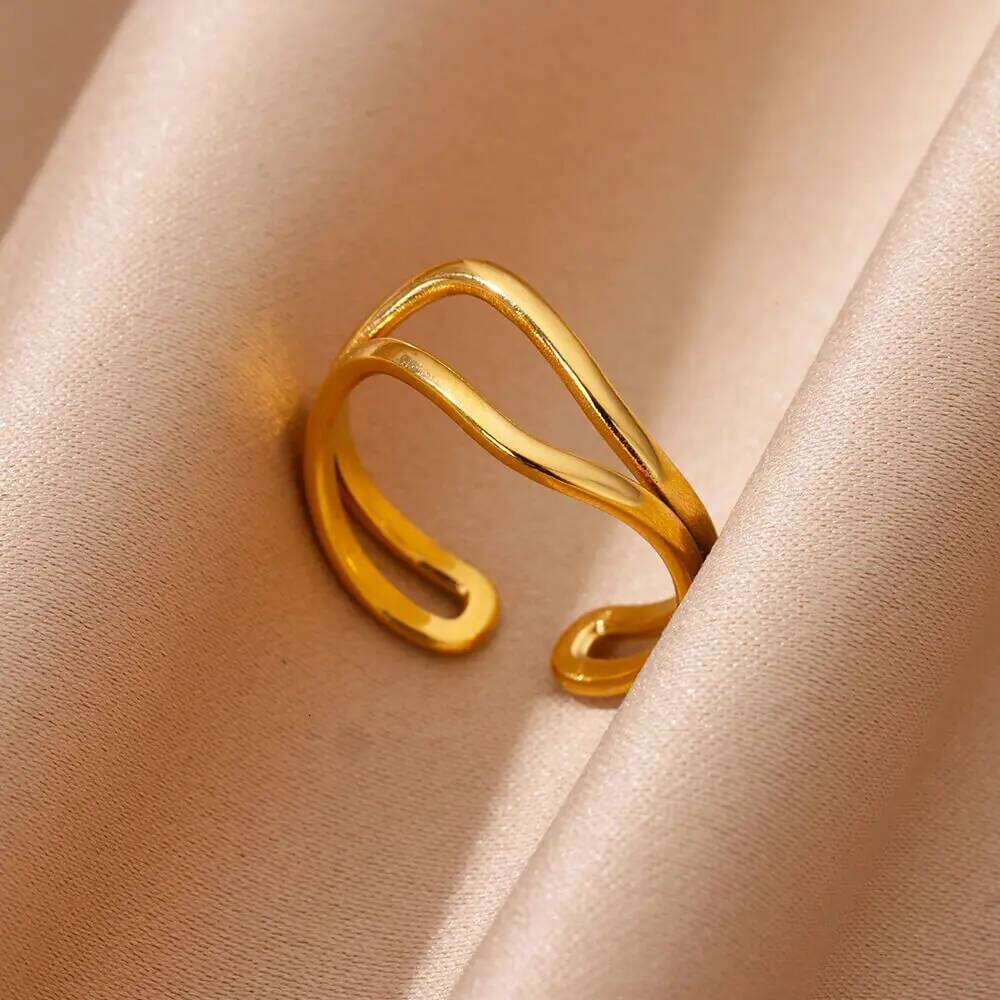 Hollow Double Layer Line Stainless Steel Rings For Women Men Opening Adjustable Gold Color Ring Wedding Fashion Jewelry Gift XJ260127