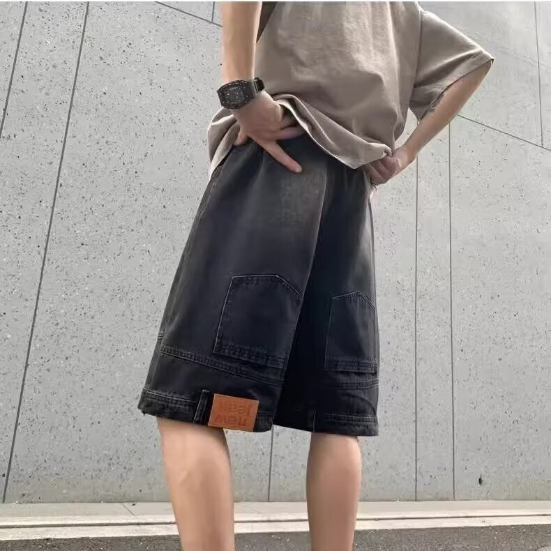 Reverse Wear Denim Shorts for Men Summer New Niche Design Loose Straight Pants Trendy American Style Five-Point Shorts