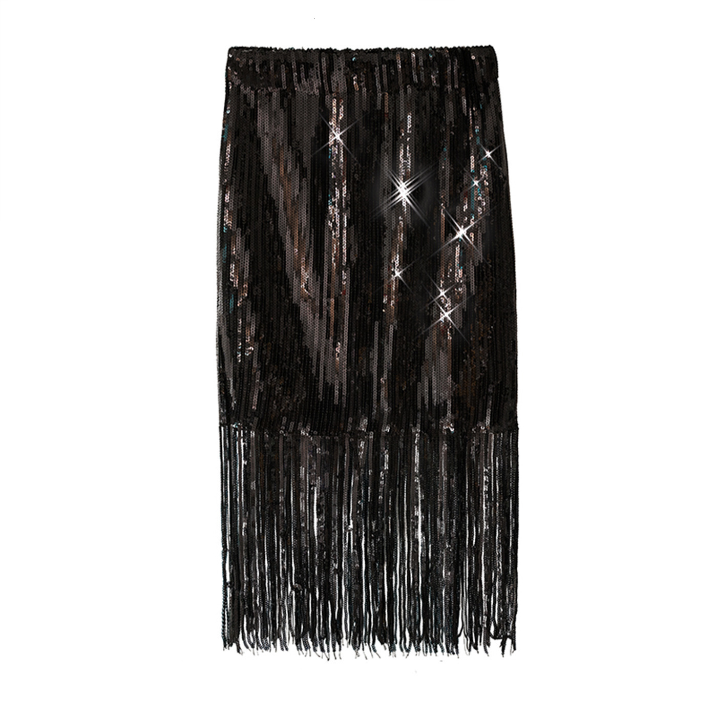Women's Fashion Over-The-knee Sequined Temperament Fringe Skirt High Waist Mid-Length Slim Wrap Hips Silver Metal Bling 210521