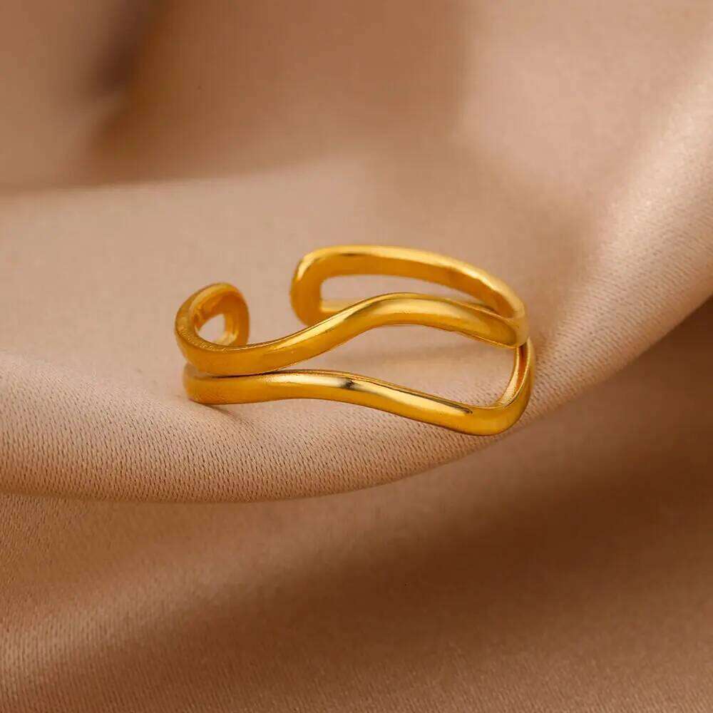 Hollow Double Layer Line Stainless Steel Rings For Women Men Opening Adjustable Gold Color Ring Wedding Fashion Jewelry Gift XJ260127