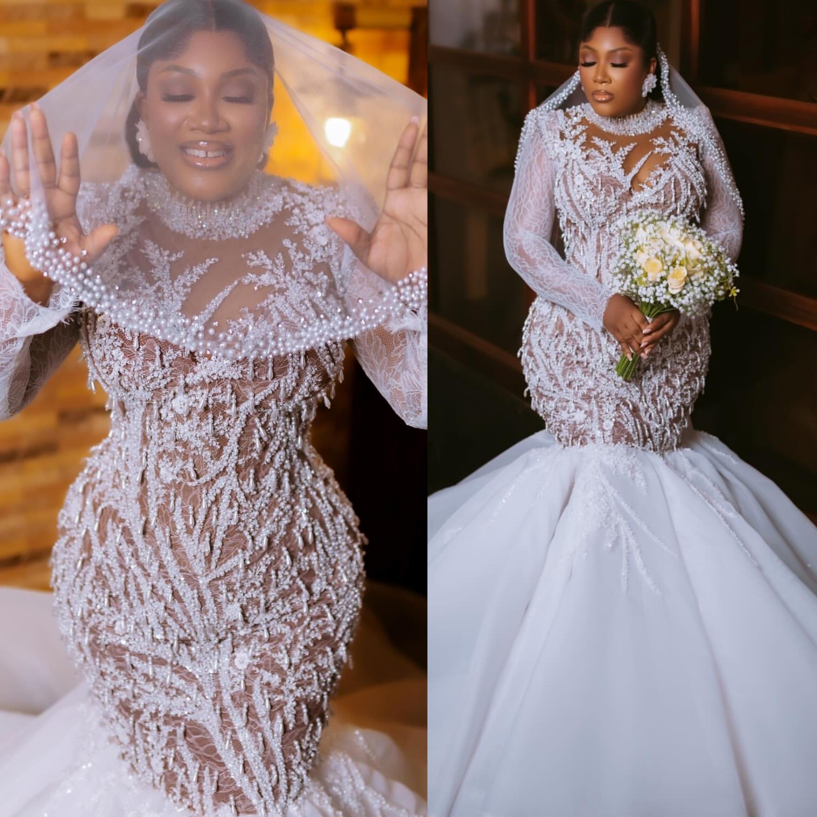 African Aso Ebi 2026 Ivory Mermaid Wedding Dress Illusion Lace Pearls High Neck Long Sleeves Vintage Charming Bridal Gowns Dresses ZJ2378