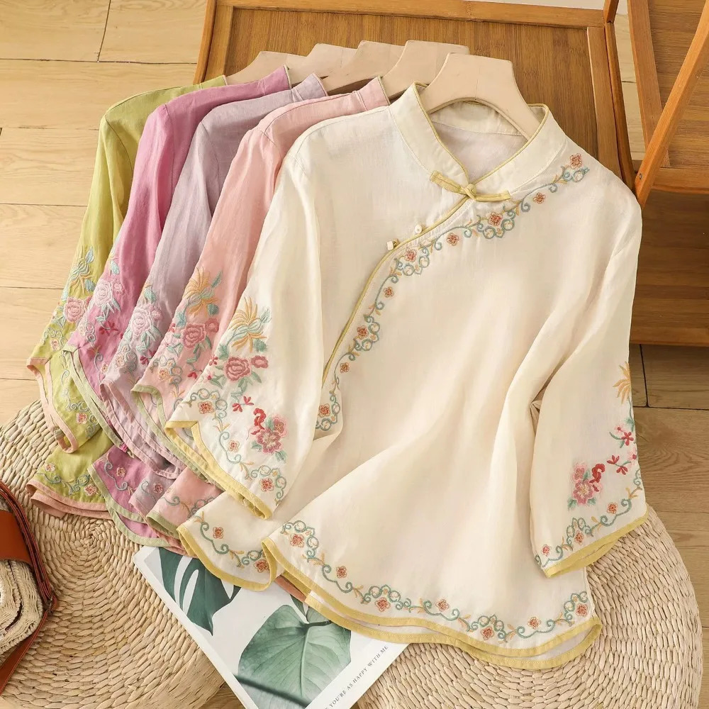 Casual Loose Blouse Shirt Women Clothes Summer Cotton Linen Ladies Tops Tee Blusas Vintage Embroidery Woman Camiseta Mujer 260128