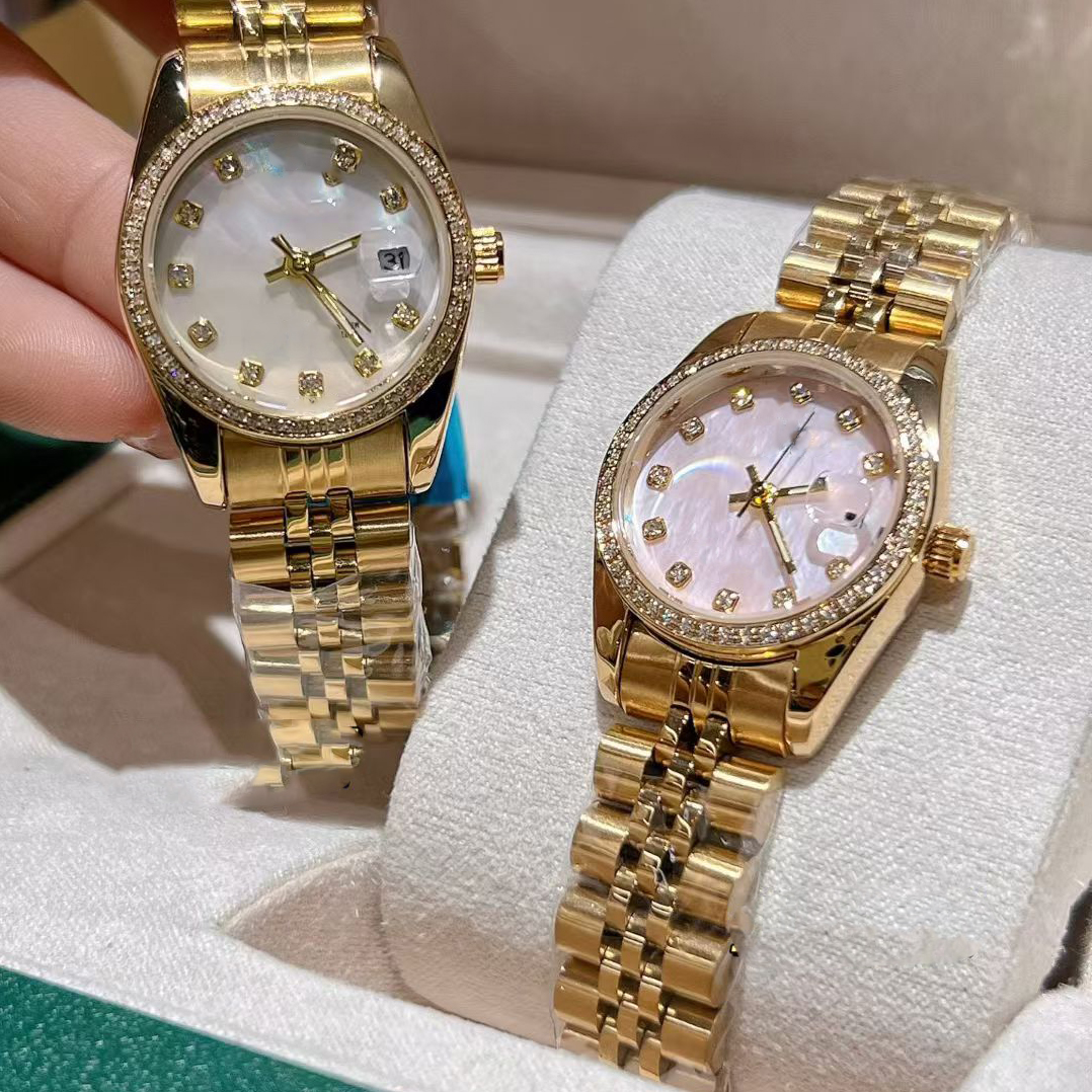 Mother of pearl-fashion ladies watches 28mm quartz with diamond women watch Designer wristwatches Stainless Steel band for womens Christmas Valentines Day Gift