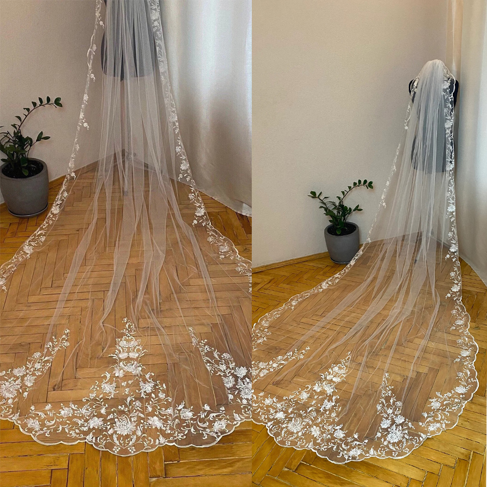 Stylish Wedding Veil Appliques Flowers Royal Bridal Veil with Comb 3M Long Special Cut Veil White Ivory Wedding Accessories Plus Size Custom Made