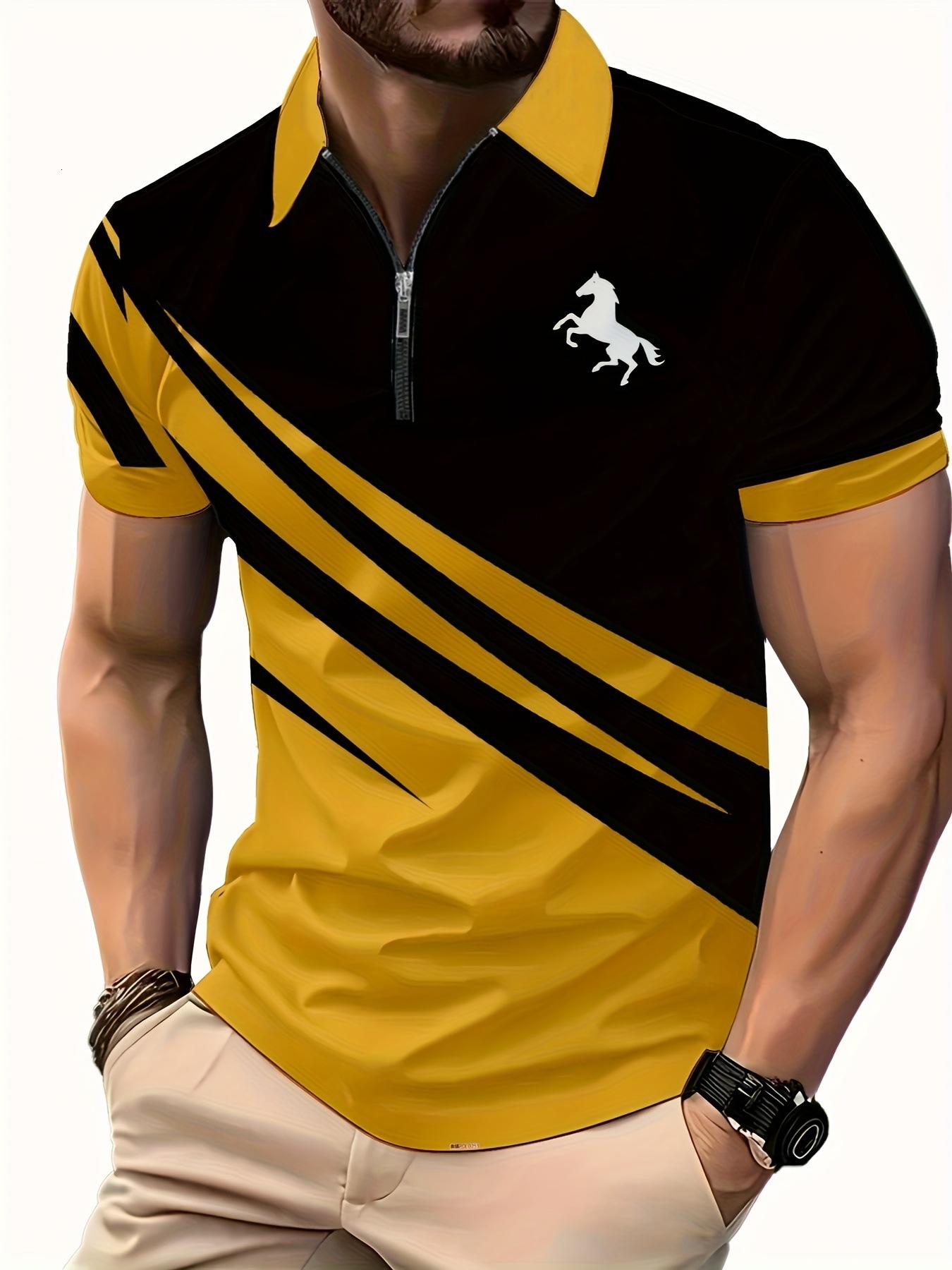 Luxury Brand Designer Clothes Color-Block Summer New 3D Printed Turn-Down Collar Short Sleeve Pullover Casual Mens T-Shirt Zipper Polo Shirt One-Piece - view 7