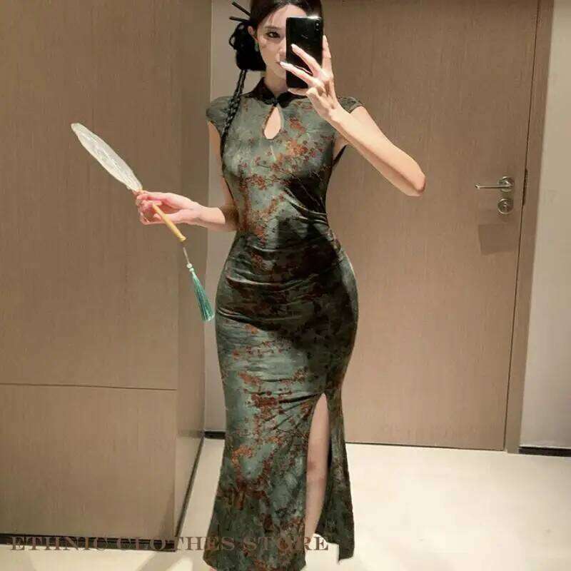Qipao Vintage Green Floral Bodycon Cheongsam Sexy Improved Chinese Female Vestidos Evening Party Dress DREAM RECALL