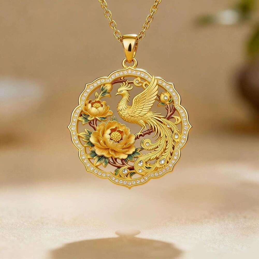 Peony Gold Lucky Ancient Style Handmade Creative Cultural Pendant Phoenix Necklace