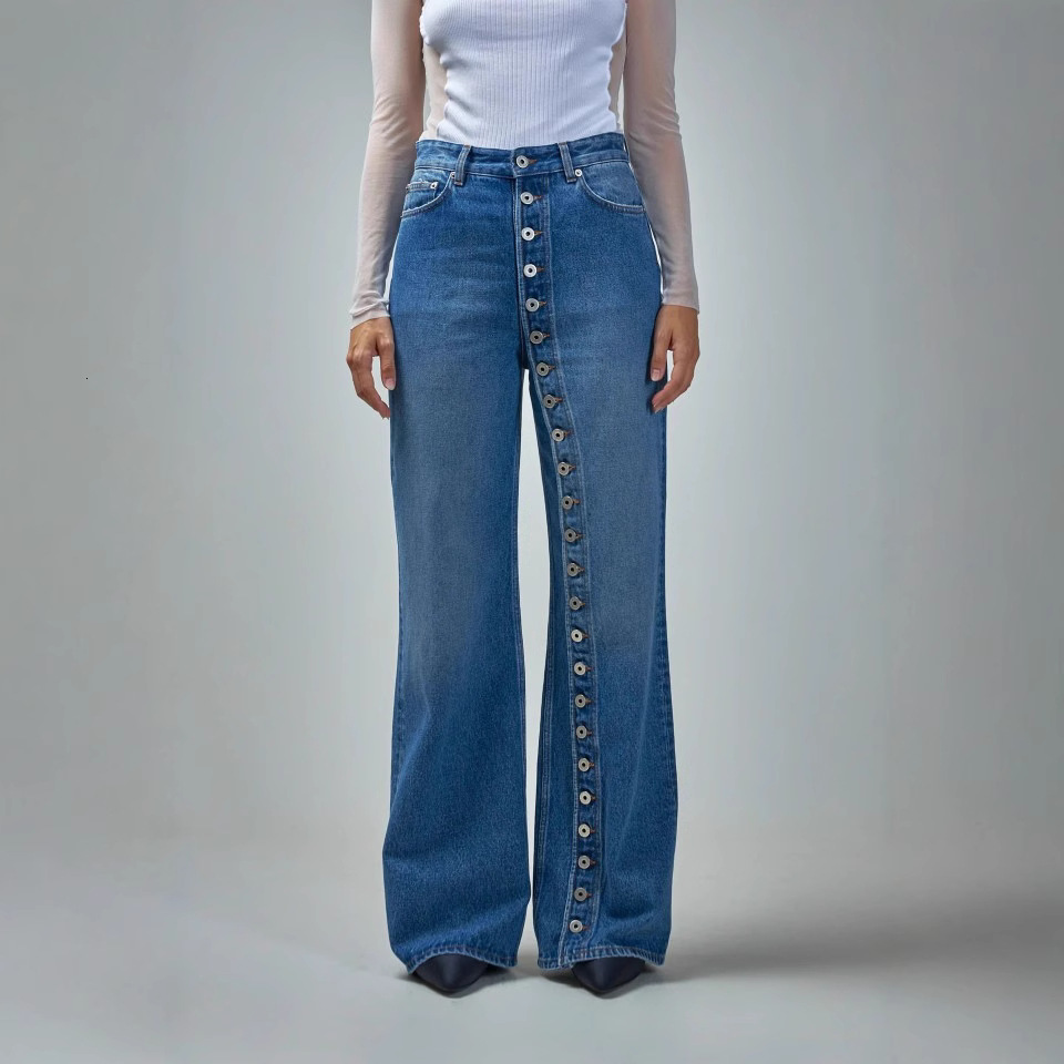 American Style Washed High Street Personality Jeans for Women Autumn New Design Single-Breasted Straight-Leg