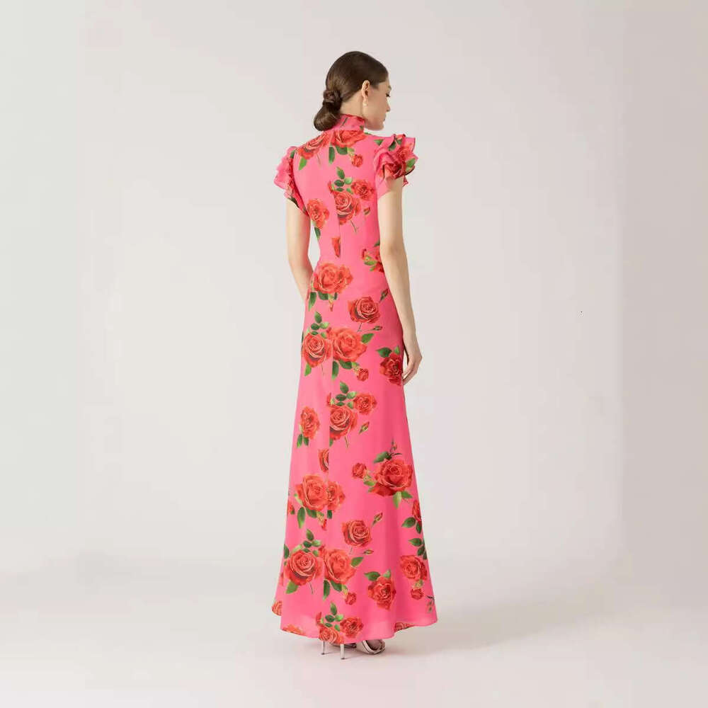Women's Cap Ruffles Sleeve Rose Floral Print Bodycon Sexy Prom Commuting Long Dress Summer Fashion Slim Lady Party Dresses National Style New Chi