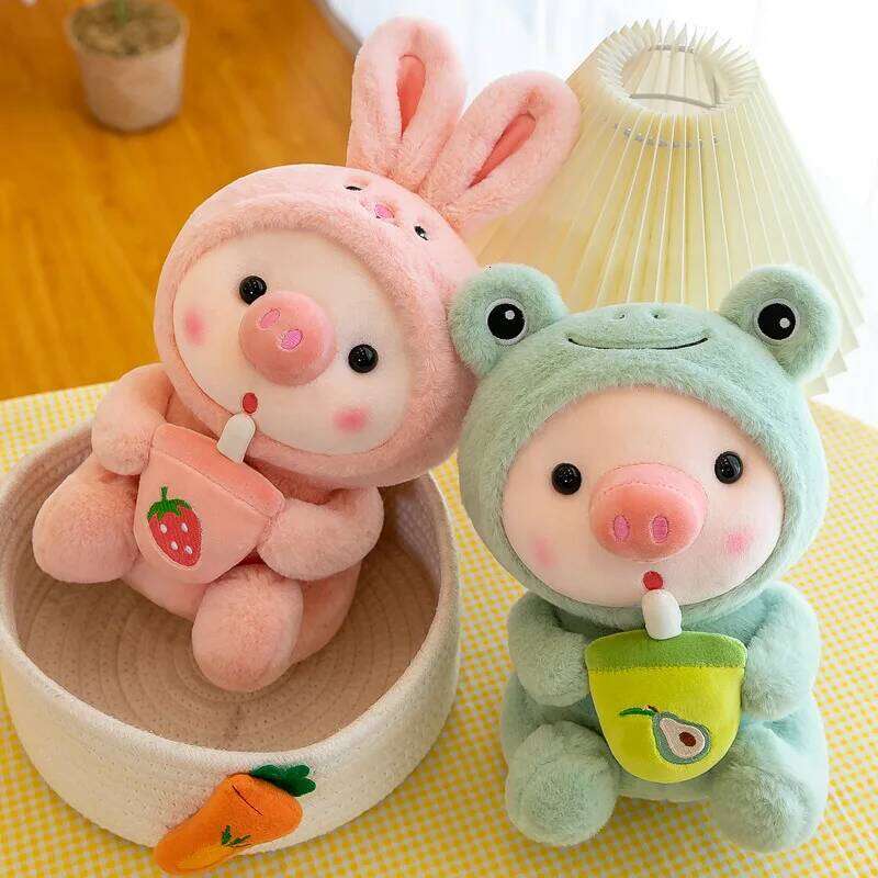 Cartoon Animal Transformation Milk Tea Pig Plush Toy Little Frog Doll Y260128