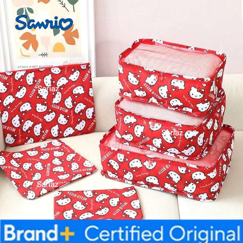 Sanrio 6pcs Set of Kawaii Japanese Angel Classification Cartoon Korean Fashion Pink Bow Cat Travel Storage Bag Gift H260129