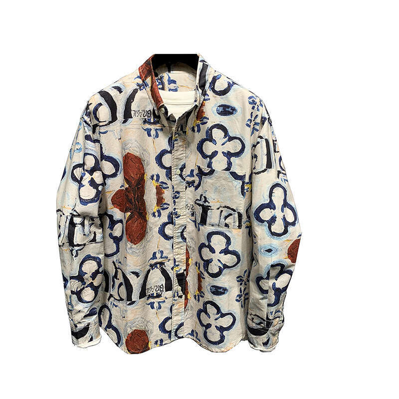Men's Turn-Down Shirt Japanese Retro Full-Print Long-Sleeve for Autumn Version Loose Fashionable Personality