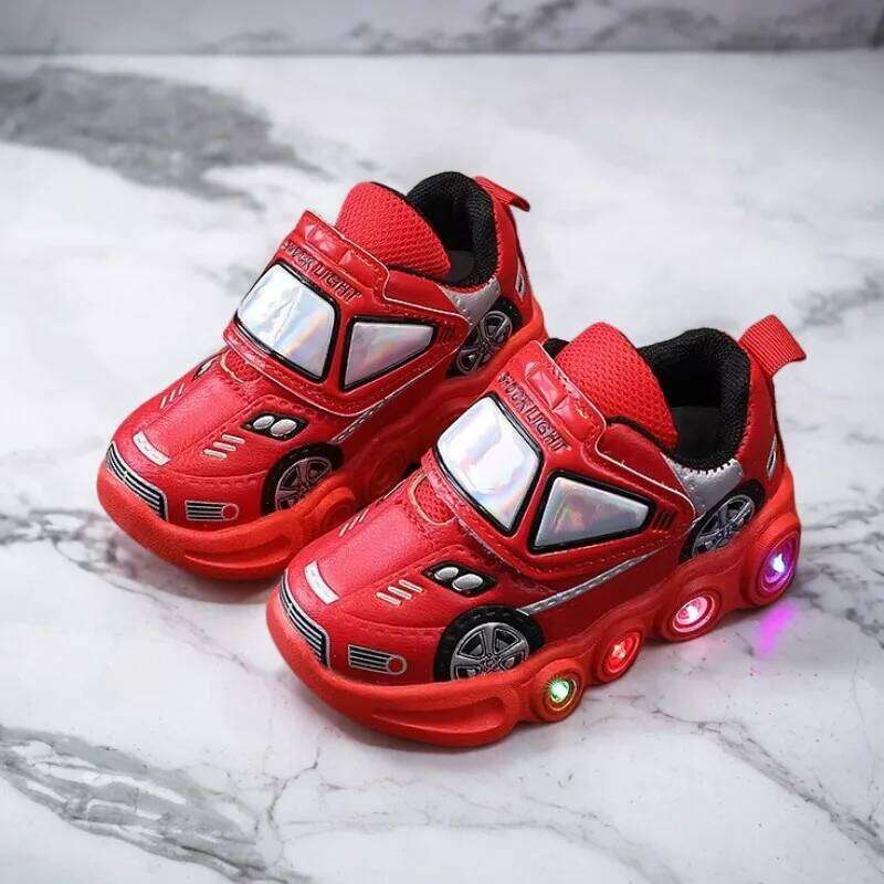 Diseny Kids'Casual Led Light Car Club Cartoon PU Leather Spring For Children Anti-slip Red Blue Shoes Size 21-30 Y260128