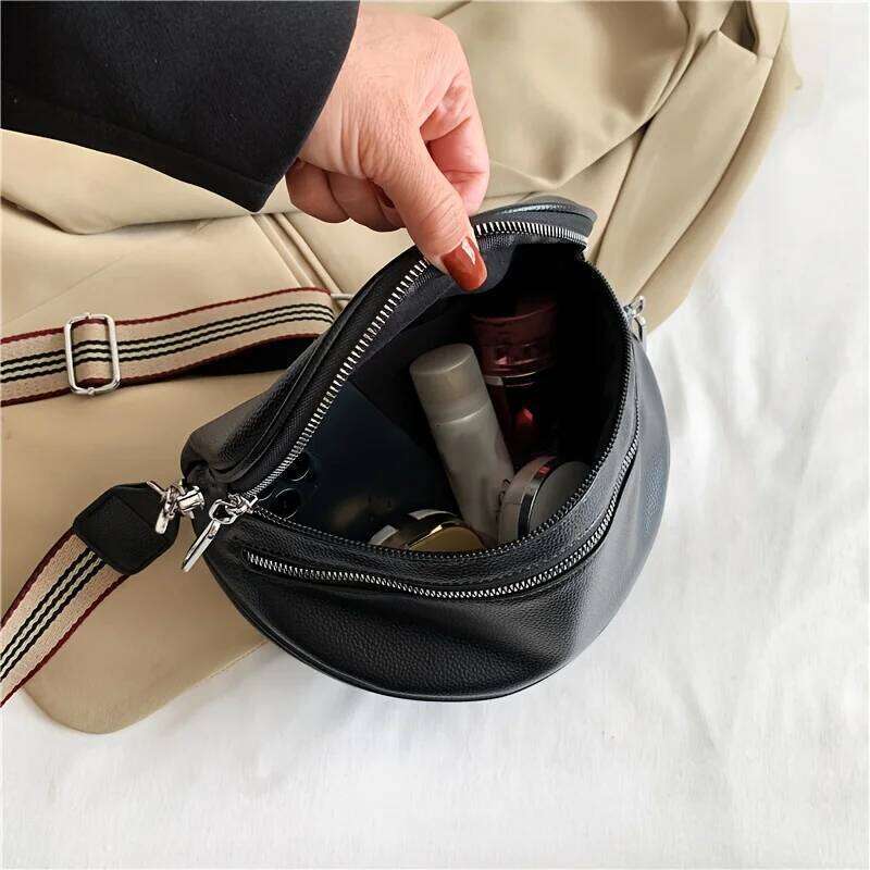 High Looks, Simple Fashion, Double Zipper Fanny Pack Daily Commuting with A Wide Strap Leather Shoulder Bag