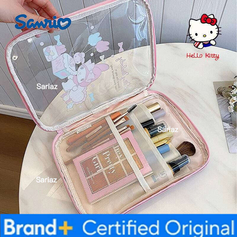 Sanrio New Hello Kitty Cartoon Handheld Transparent Pvc Large Capacity Tablet Storage Portable Visual Women'S Makeup Bag H260129
