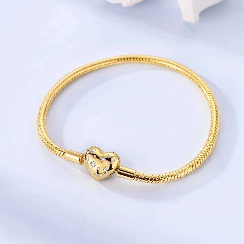 925 Sterling Silver Bracelets 17-20CM Original Golden Sparkling Heart Shaped Bracelet Fit DIY Charms Beads Fashion Women Jewelry H260129