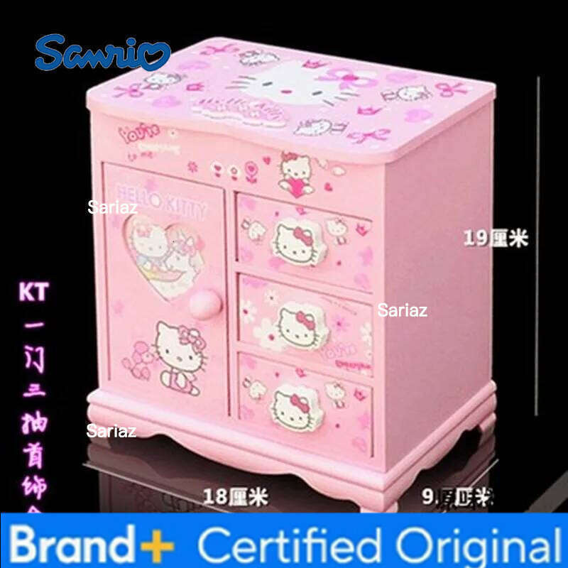 Sanrio Kawaii Hello Kitty Cartoon Pink Storage Children Jewelry Music Cosmetic Box Wooden Bedside Cupboard Gift H260129