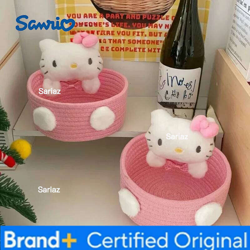 Sanrio Cute Hello Kitty 50th Anniversary Cosmetics Box Accessories Handmade Cotton Rope Weaving Storage Basket Desktop Girl Gift H260129
