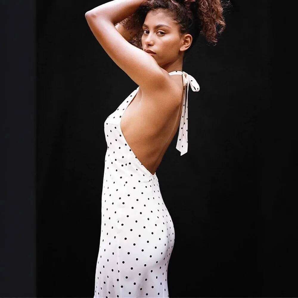 Women's White Polka Dot Halter Neck Dress, Midi Length V-Neck Sleeveless Sundress with Smocked Waist for Summer Casual Vacation