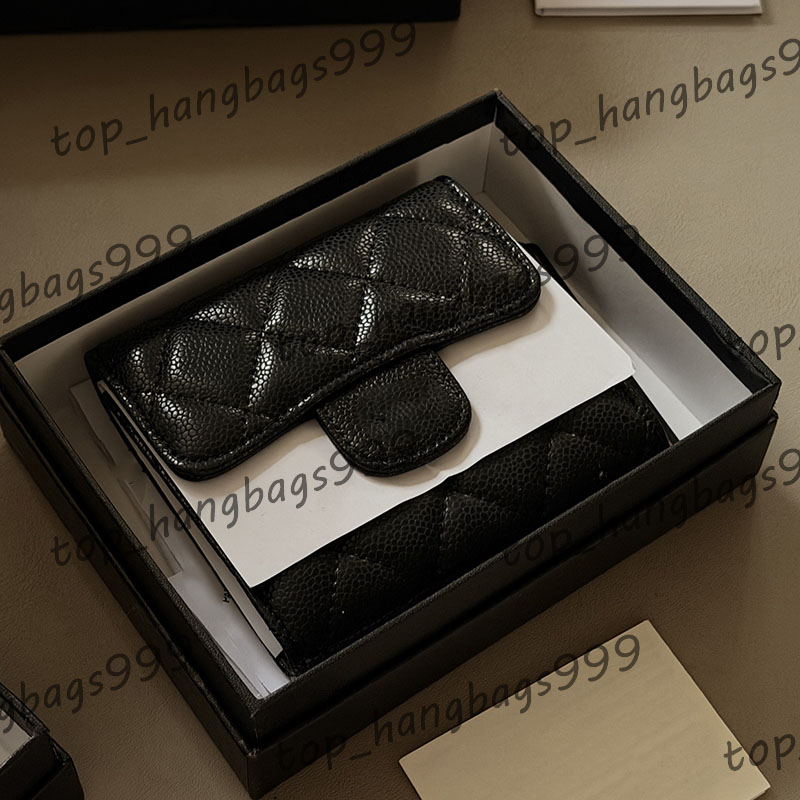 Luxury Designer Caviar calfskin Classic Quilted Black Three Fold Billfold Wallet Cash Card Holder Coin Zipper Pouch Purse 12x10cm