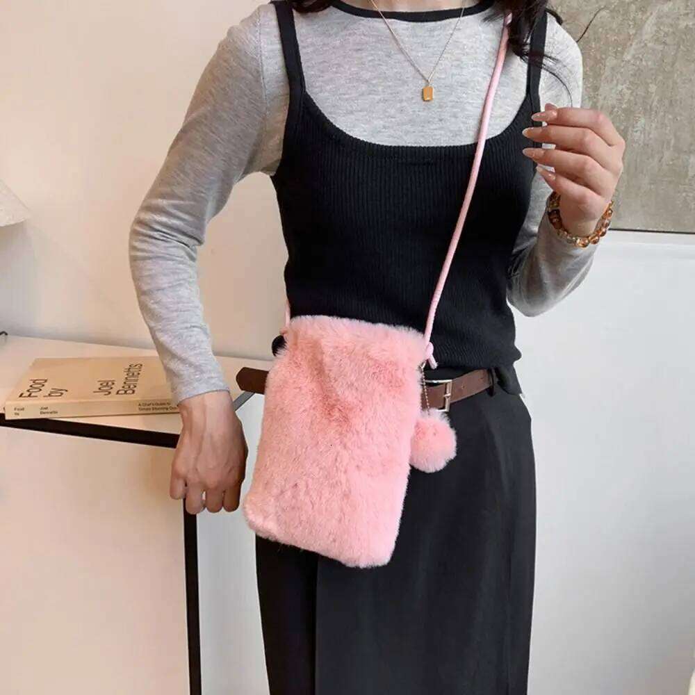 Winter Shoulder Faux Fur Soft Crossbody Phone Bag Solid Color Large Capacity Travel Purse XJ260129