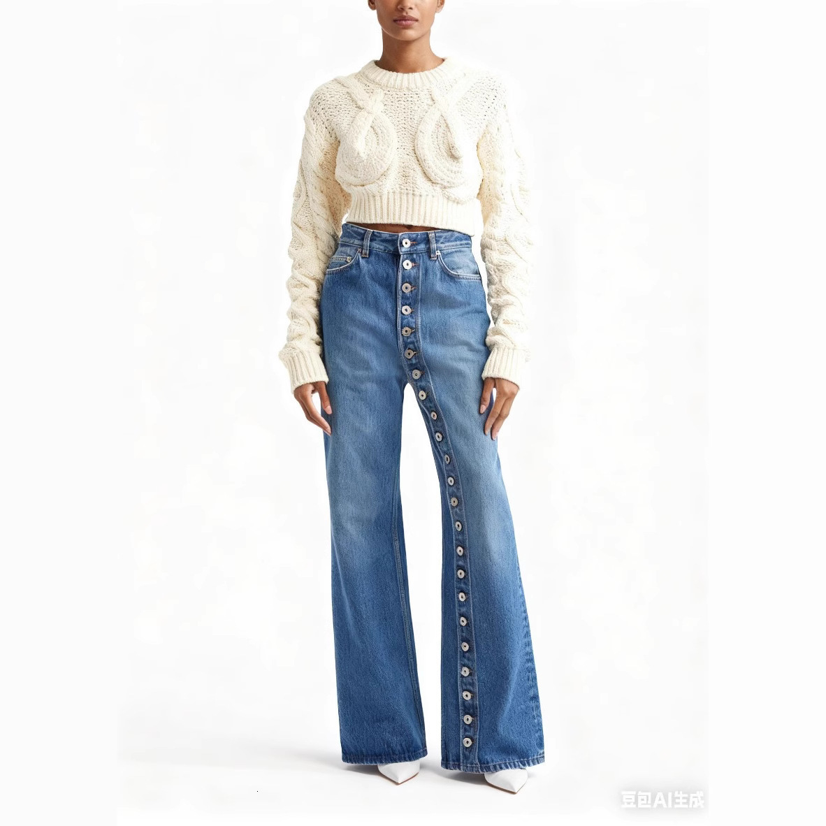 American Style Washed High Street Personality Jeans for Women Autumn New Design Single-Breasted Straight-Leg