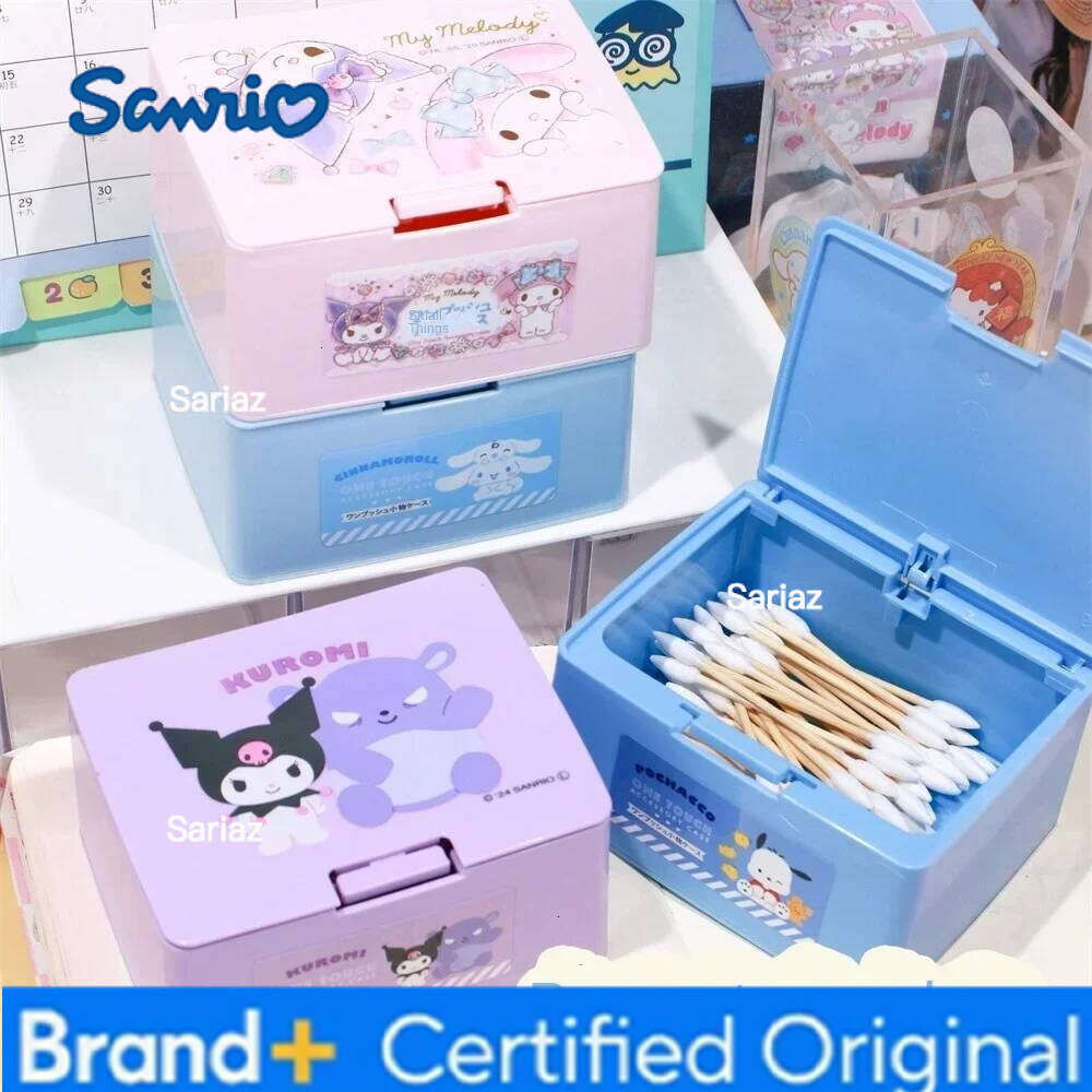 Sanrio New Kawaii My Melody Kuromi Cinnamoroll Cotton Swab Jewelry Storage Press Pop Cosmetics Sundries Organizer Box H260129
