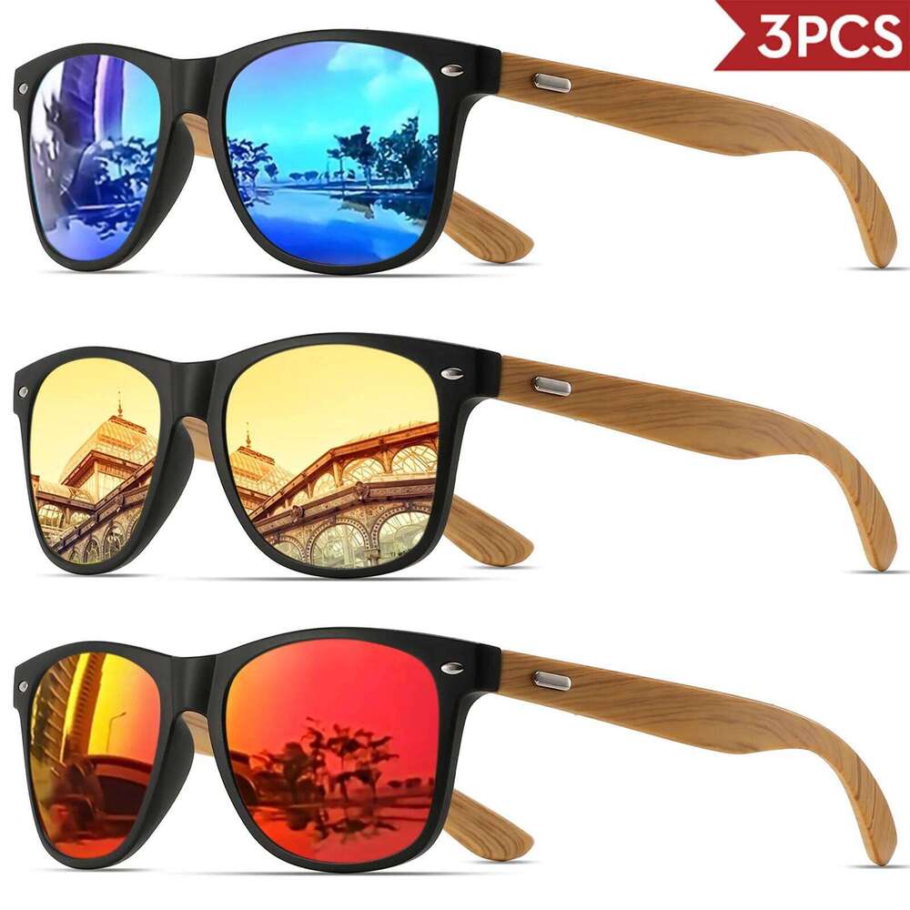 3PCS Bamboo Texture Square Sunglasses UV400, Fashion Unisex Classic - Lightweight for Casual Wear & Holidays H260129