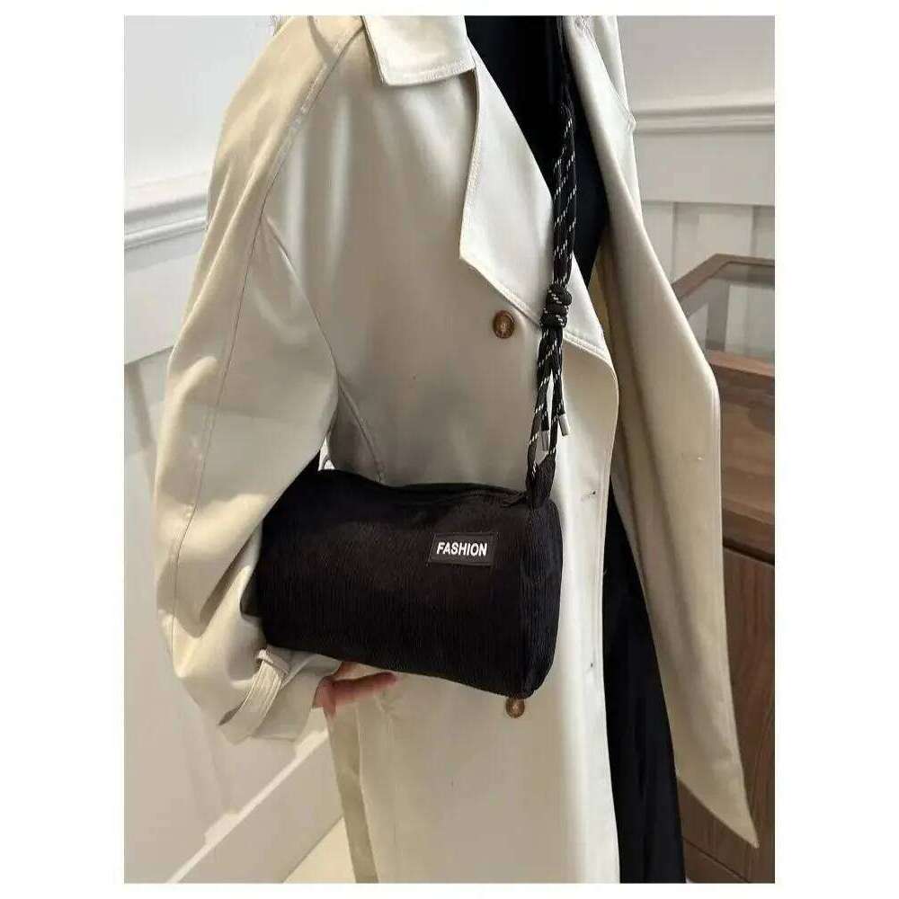 Corduroy crossbody large-capacity wide-strap single-shoulder cylindrical bag, suitable for commuting, playing and shopping XJ260129