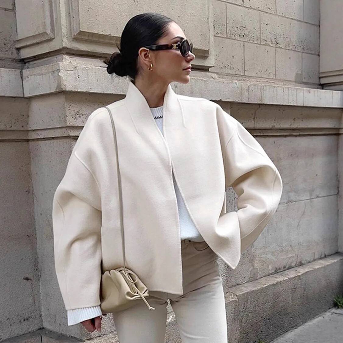 Elegant Autumn Women's Woolen Jacket V-Neck Spliced Long Sleeve Short Outwear For Lady Commuting Slouchy-Style Female's Cardigan ddmynov