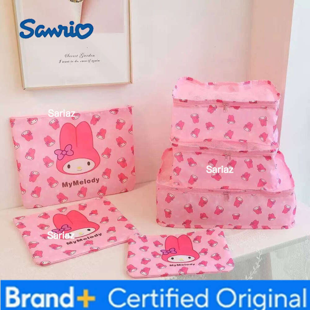 Sanrio 6pcs Set of Kawaii Japanese Angel Classification Cartoon Korean Fashion Pink Bow Cat Travel Storage Bag Gift H260129
