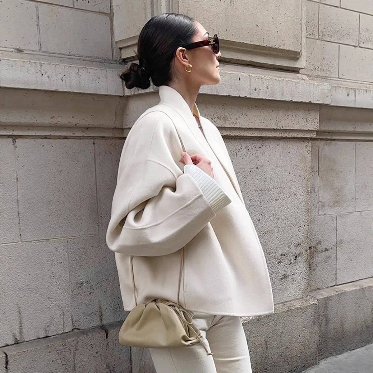 Elegant Autumn Women's Woolen Jacket V-Neck Spliced Long Sleeve Short Outwear For Lady Commuting Slouchy-Style Female's Cardigan ddmynov
