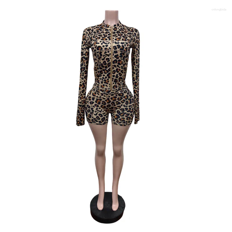 Women's Tracksuits Leopard Print 2 Piece Tracksuit Women Zip Up Short Sleeve & Long Sleeve High Neck Top and Biker Shorts Slim Fit Activewear Set