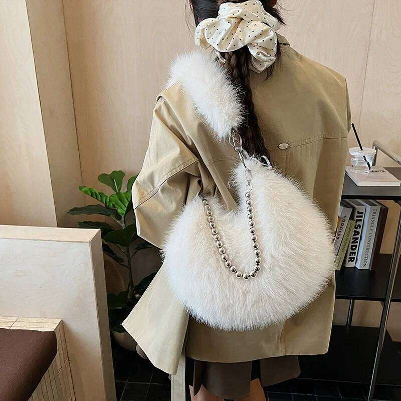 Plush Women Armpit Purse Chain Fluffy Versatile Shoulder Faux Fur Fashion Underarm Ladies Winter Crossbody Hobo Bag