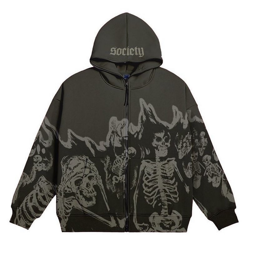 Luxury Brand Designer Clothes Foreign Trade Streetwear Retro Skull Zipper Hoodie Gothic Style Hooded Sweatshirt