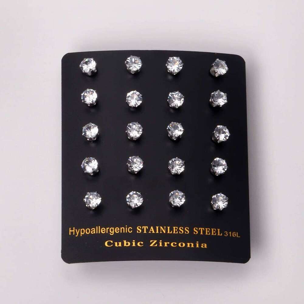 LUXUKISSKIDS Luxury Clearly Round CZ Stud Earrings 10pairs/lot Sets For Woman Man Stainless Steel Silver Color Fashion Jewelry 26W0129