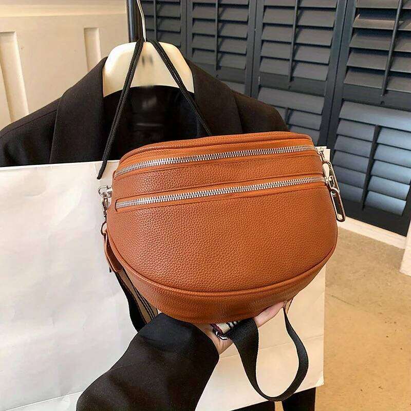 High Looks, Simple Fashion, Double Zipper Fanny Pack Daily Commuting with A Wide Strap Leather Shoulder Bag