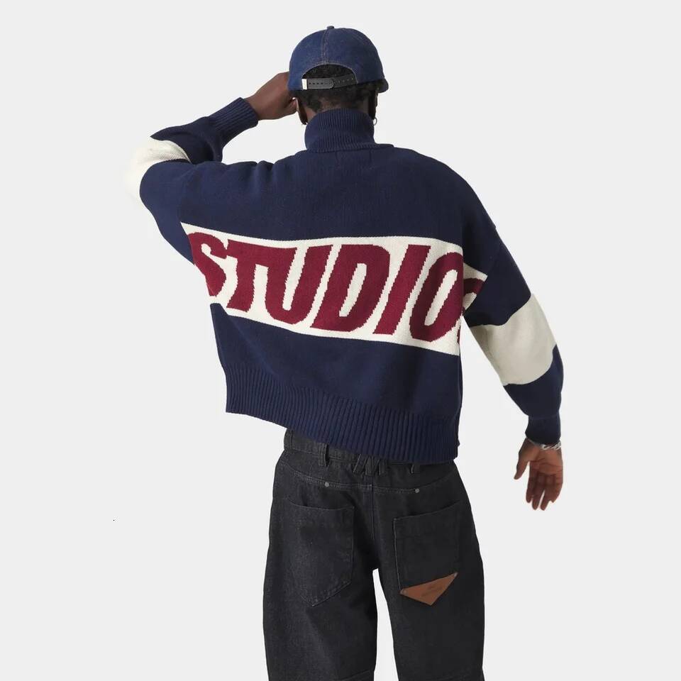 Eme Retro Original Style Color Contrast Letter Knitted Cardigan Y2k American Casual Zipper Sweater For Men And Women
