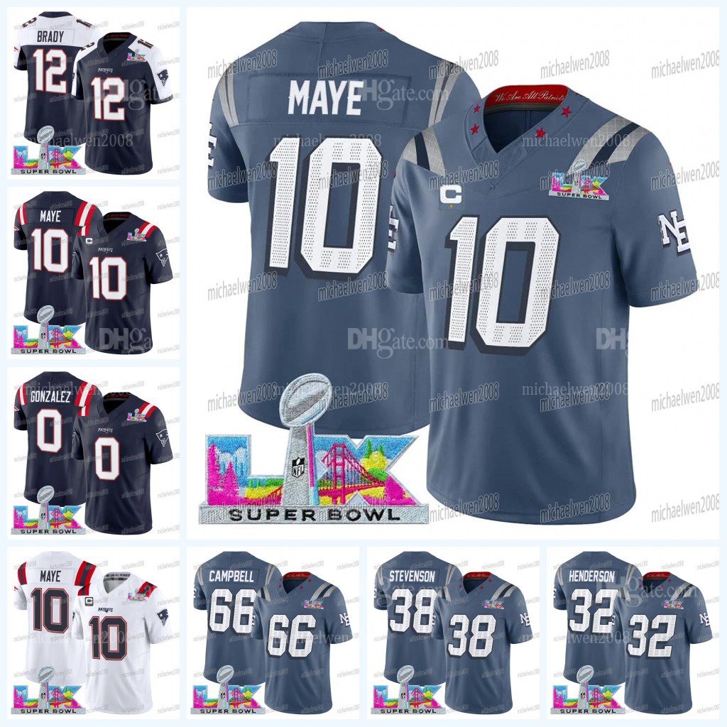 Drake Maye Patriot 2026 Super Bowl LX Gold Football Jersey Tom Brady Christian Gonzalez TreVeyon Henderson Will Campbell Stevenson Diggs Douglas Youth