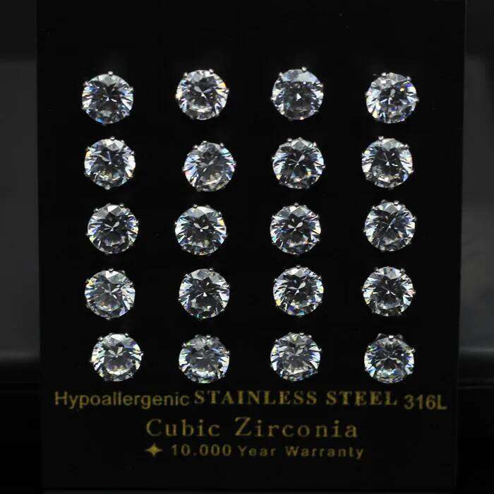 LUXUKISSKIDS Luxury Clearly Round CZ Stud Earrings 10pairs/lot Sets For Woman Man Stainless Steel Silver Color Fashion Jewelry 26W0129
