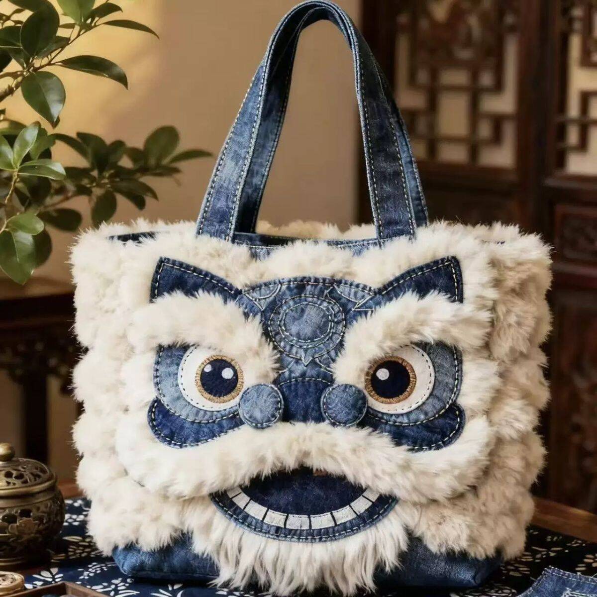 designer Women Bag New Autumn Winter Limited Edition Denim Lion Tote Bag High-Value National Style Niche Three-Dimensional High-End Large Capacity Cro