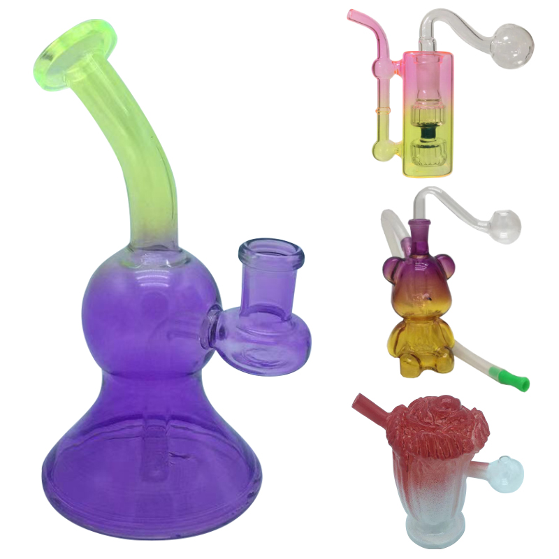 New Gradient Bubbler Oil Burner Mini Glass Bongs Percolator Diffuser Water Pipes Hookah Recycle Filter Small Portable Device
