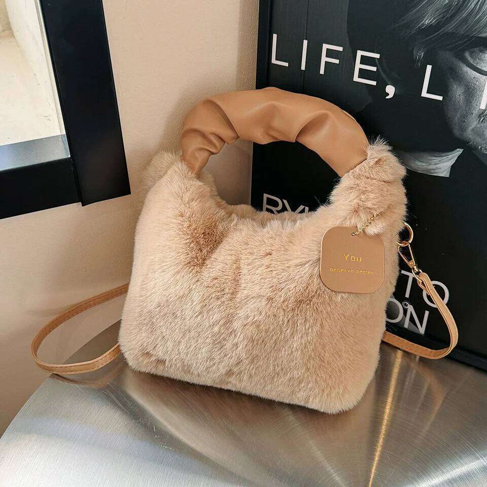Faux Fur Plush Handbags Ruched Handle Small Lady Shoulder Crossbody Bag Casual Half-Moon Hobos Winter Bags for Women