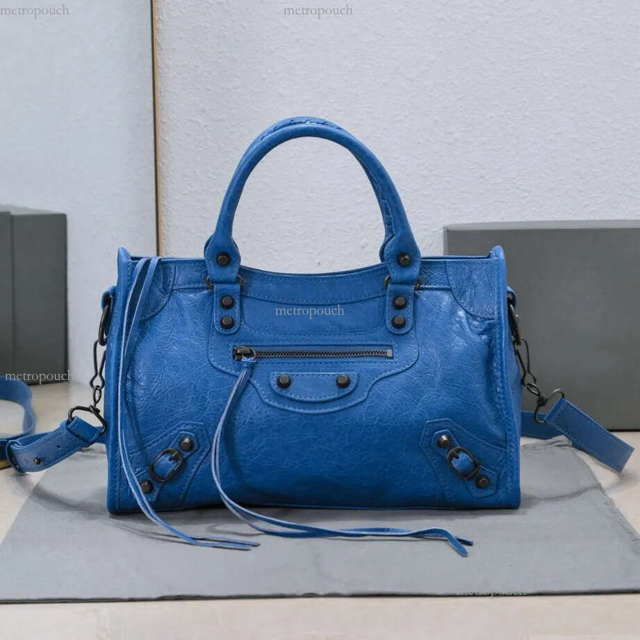 Designer baleniagag bag Classic Neo Paris Motorcycle Tote Luxury Sheepskin Genuine Leather Shoulder Handbag Crossbody Bag Attached Mirror 31CM Blue city bag f20