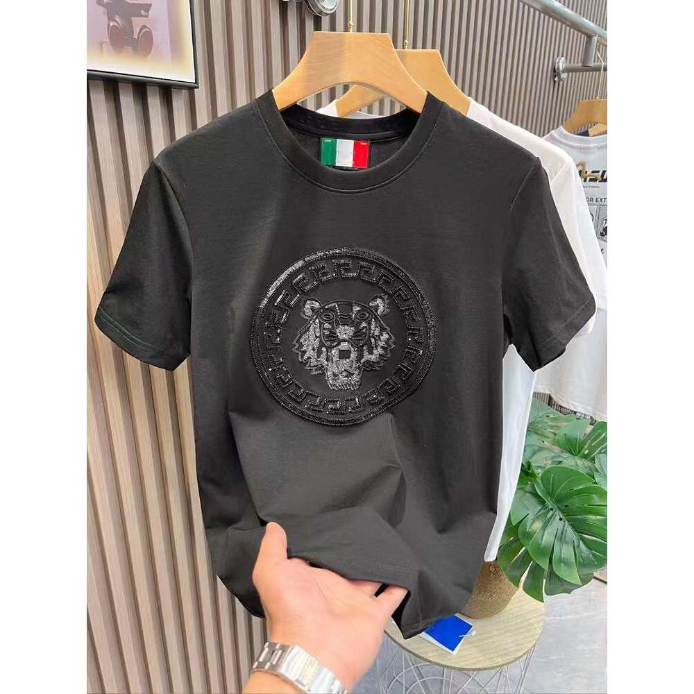 Summer New Men's Youth Embroidered Tiger Head Sequin Short T-Shirt Round Neck Trendy Slim Fit Half Sleeve