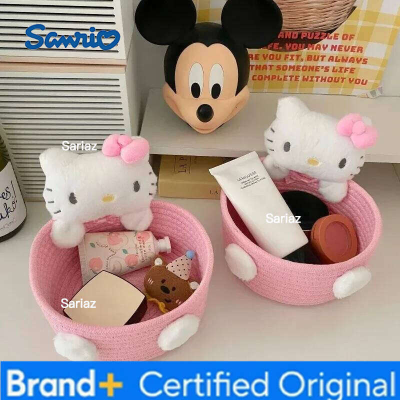 Sanrio Cute Hello Kitty 50th Anniversary Cosmetics Box Accessories Handmade Cotton Rope Weaving Storage Basket Desktop Girl Gift H260129