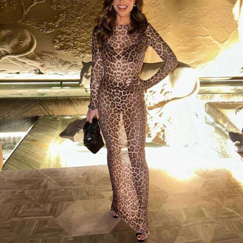 Fashion Spring and Autumn Season Crew Neck Leopard Print Long Elegant Slim Sexy Semi-transparent Women's Dress