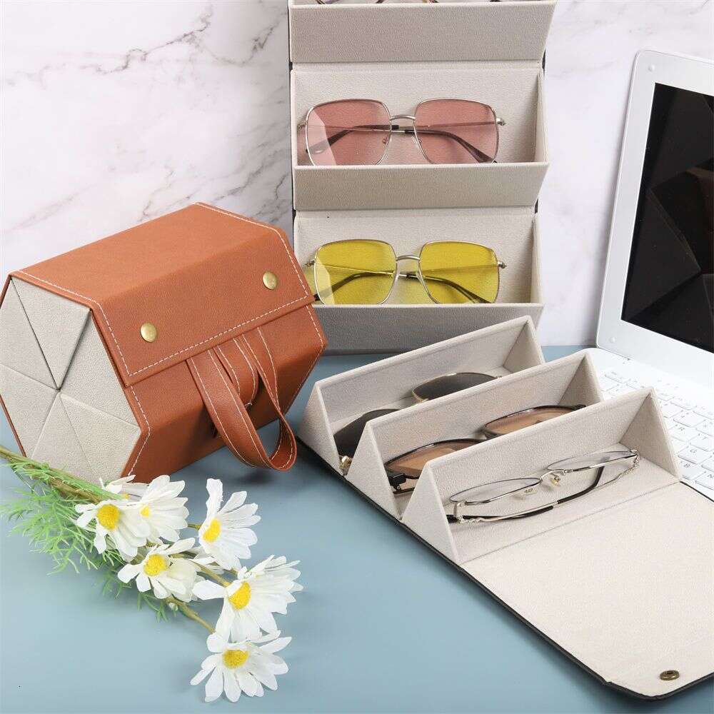 Leather Multi-Compartment Glasses Case Ultra-Light Large Capacity Portable Pressure-Resistant Foldable Multiple Sunglasses Storage Box